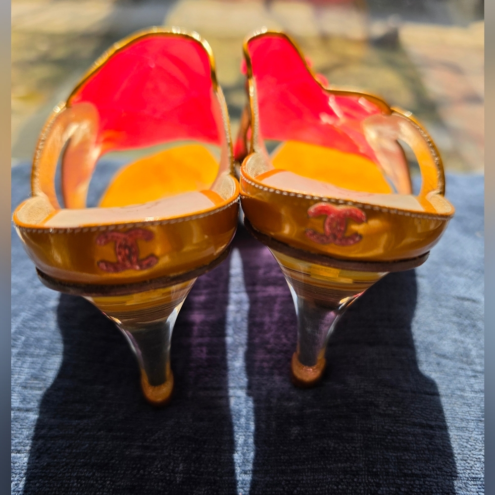 CHANEL Patent Leather Heels Vintage Women's Sandals Gold and Pink Size 36 1/2 - Picture 6 of 16